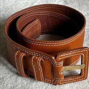 Thick High Quality Brown Leather Belt with Buckle, Size Small